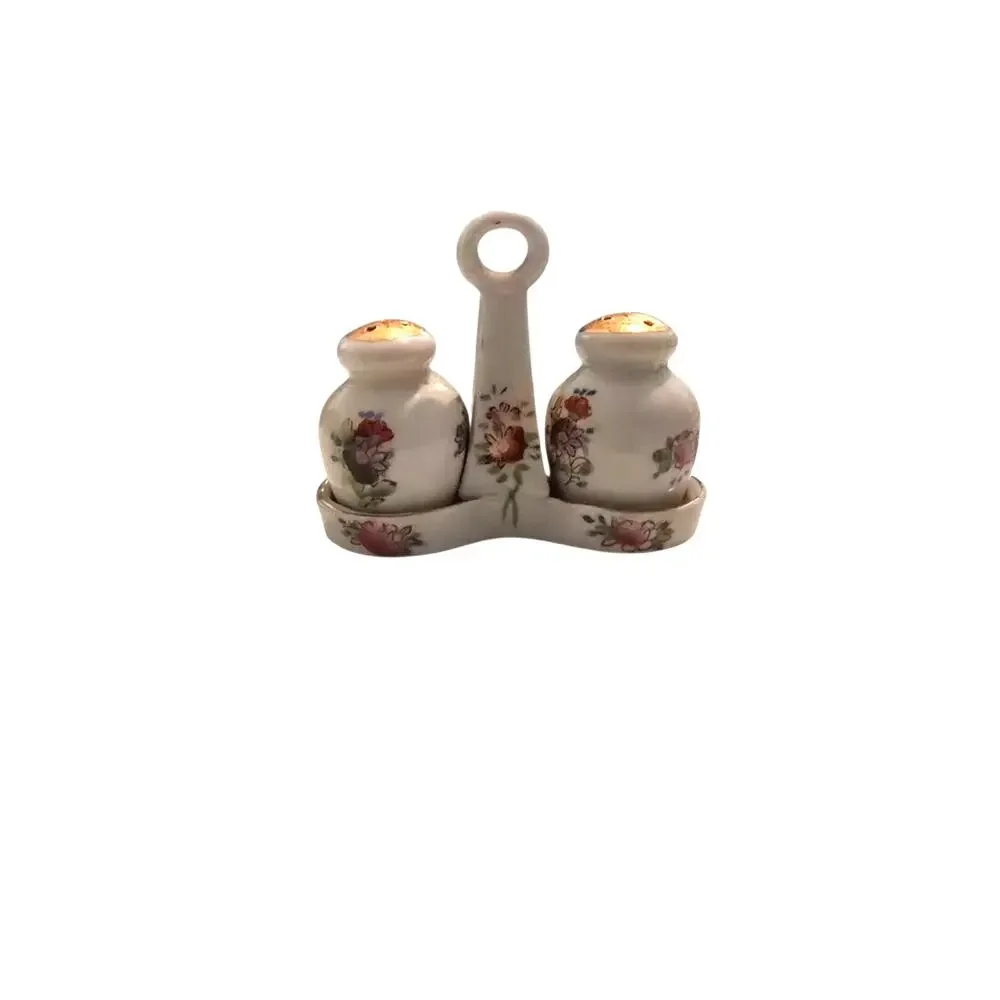 Vintage Rose Mini Salt & Pepper Shaker Marked Japan Gold Trim